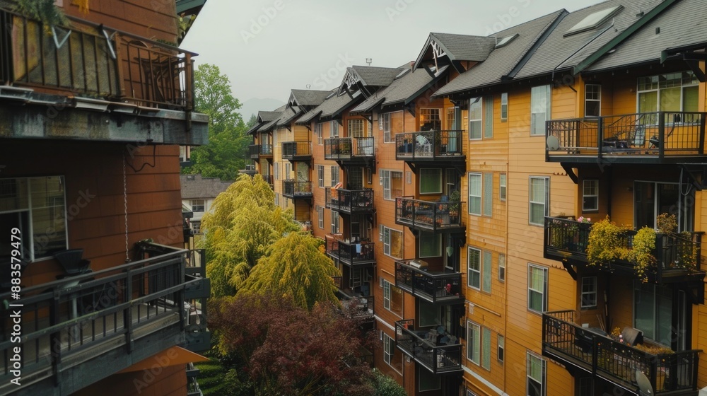 Poster picture of a residential building with multiple units, each with its own outdoor space