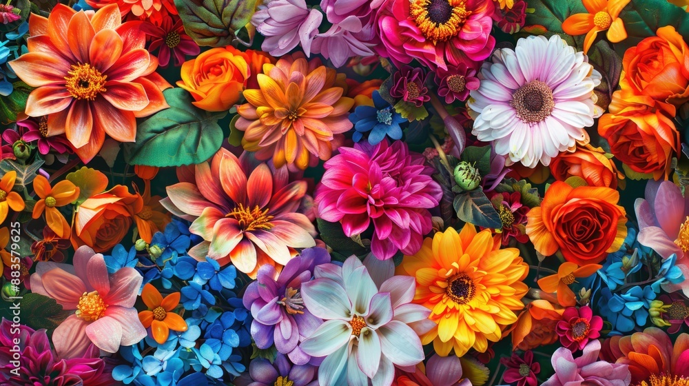 Poster a close-up view of a vibrant and diverse selection of flowers, perfect for use in designs or composi