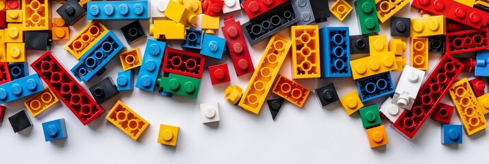 Colorful Plastic Toy Bricks Scattered On A White Surface, Creative Play And Construction Concept