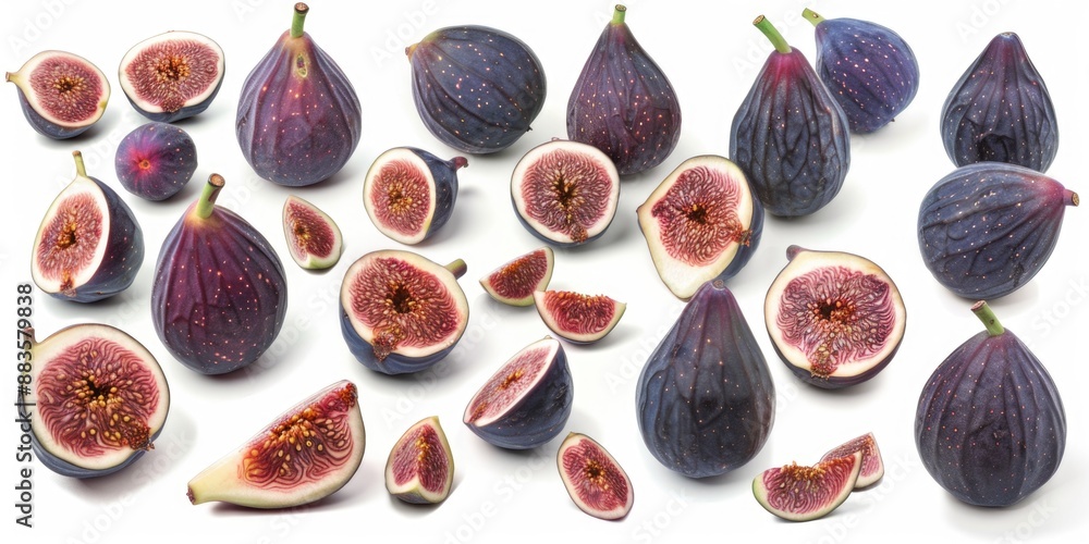 Poster freshly cut figs arranged on a clean white surface, ideal for use as a still life photography prop o