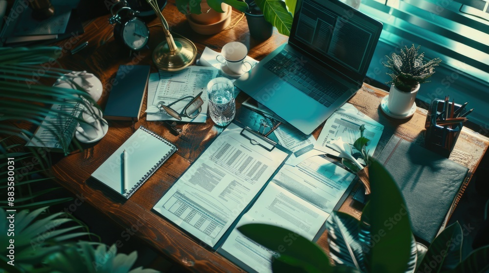 Poster A study session setup on a wooden table with papers and glasses