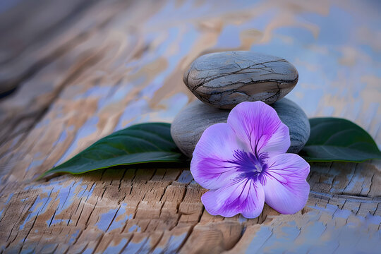 Drie Zen stenen op oud hout met paarse bloem