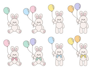 風船をもったかわいいうさぎのぬいぐるみのベクターイラストセット　アイコン　動物