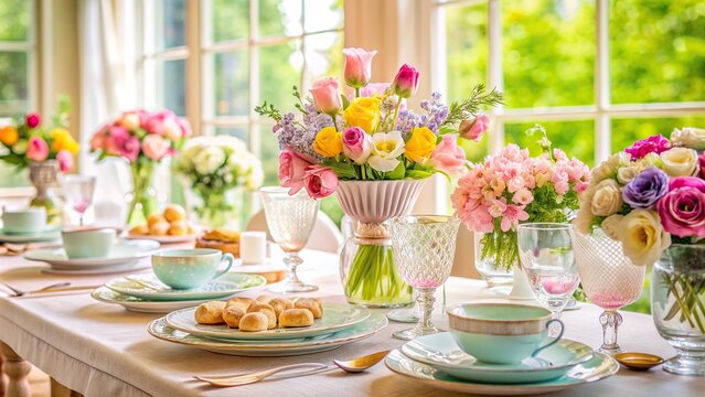 Fresh flowers, fine china, and sparkling glassware adorn a beautifully set table for an elegant Mother's Day brunch celebration with pastel shades and delicate details.