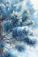 Snowy Pine Tree Branches, a watercolor painting of evergreen branches covered in snow, winter scene.