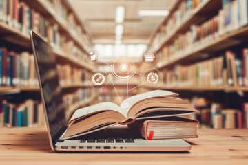 Fototapeta premium Open Book And Laptop On Wooden Table With Icons, Education And E-Learning Concept In Library