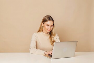 Naklejka premium freelance data entry specialist, young woman typing, clean workspace, neutral tones, soft lighting, realistic