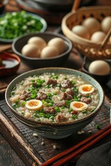Beef Congee with Soft-Boiled Eggs and Green Onions. Generative AI.
