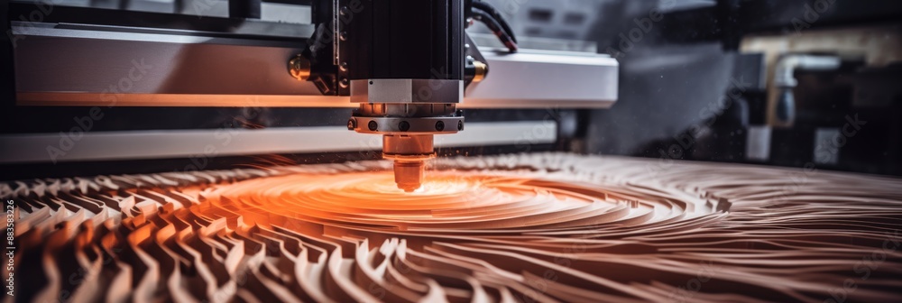 Poster cnc machine crafting elaborate design on wood, emphasizing distinct wood grain patterns
