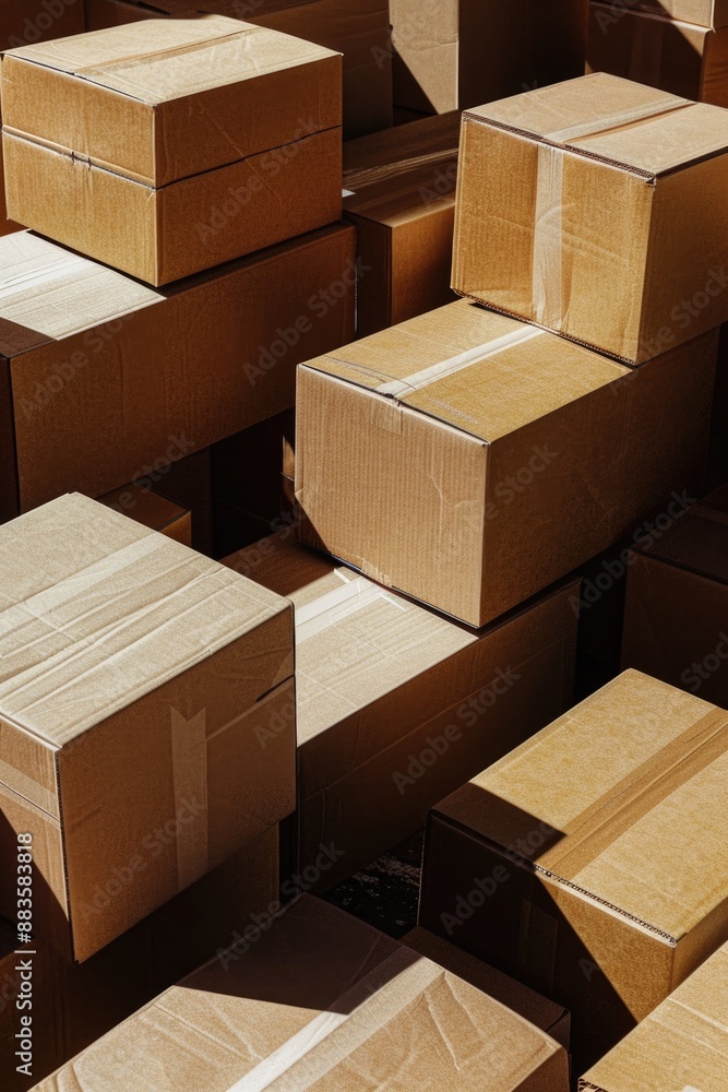Poster a large pile of cardboard boxes, perfect for storage or moving