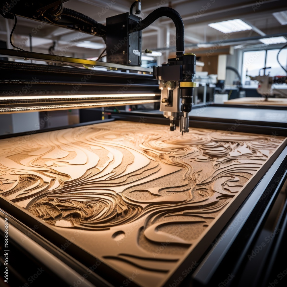 Poster cnc machine revealing intricate wood grain patterns with precision craftsmanship