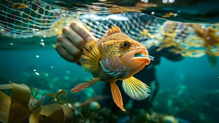 Team of volunteers researching fish by pulling out trash