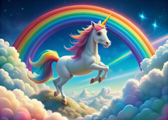 Fototapeta premium Whimsical 3D cartoon unicorn prances on fluffy white clouds surrounded by a vibrant rainbow, creating a magical and playful children's fantasy scene.