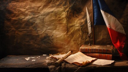 French Revolution artifacts displayed against a minimalist backdrop, illuminated by focused light Ideal for historical collections and Bastille Day promotions, with room for text