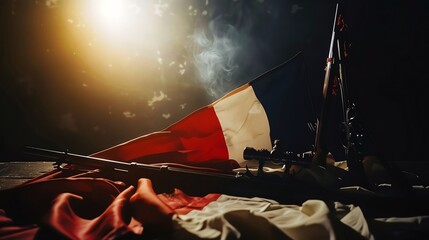 French Revolution artifacts displayed against a minimalist backdrop, illuminated by focused light Ideal for historical collections and Bastille Day promotions, with room for text
