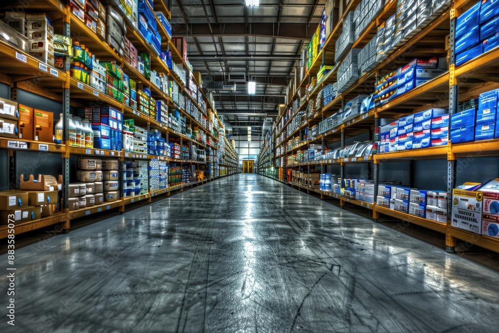 Poster A large storage area filled with many boxes and containers
