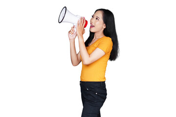 Woman in casual outfit using megaphone isolated transparent