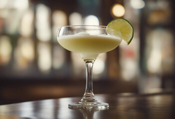 Pisco sour in a coupe glass with a lime twist and bitters in an elegant Peruvian restaurant
