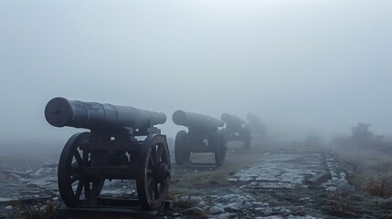 French Revolution era cannons set on a misty battlefield