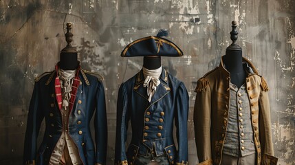 Obraz premium French Revolution uniforms displayed on antique mannequins against a textured backdrop Perfect for historical exhibits and Bastille Day themes, with ample space for text