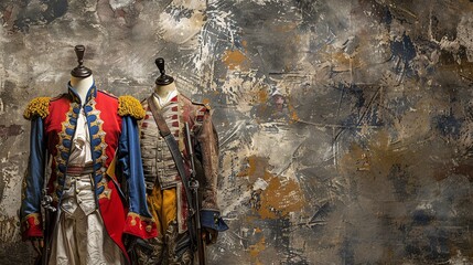 Obraz premium French Revolution uniforms displayed on antique mannequins against a textured backdrop Perfect for historical exhibits and Bastille Day themes, with ample space for text