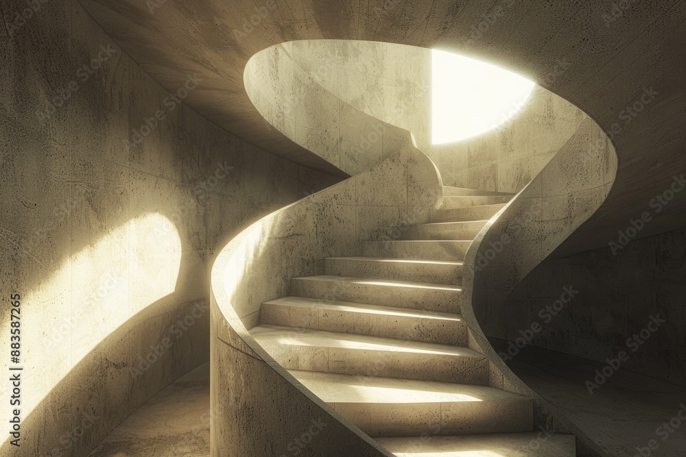 Poster a spiral staircase in a modern concrete building with sunlight streaming through the window