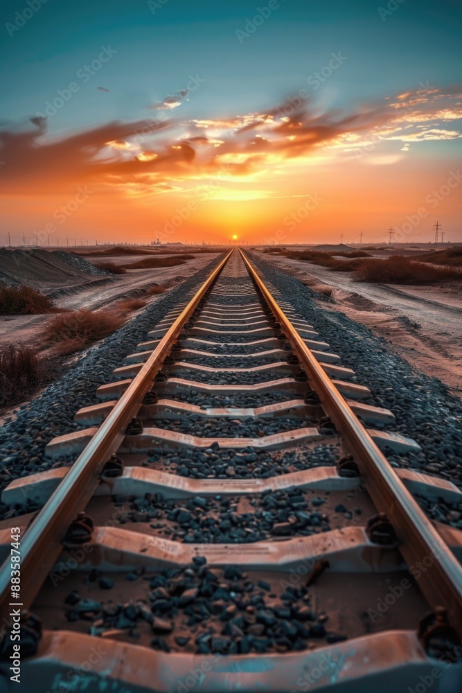 Poster a serene train track scene with a beautiful sunset in the background, ideal for use in travel or nat