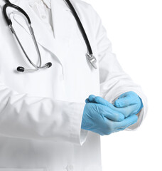 Doctor holding something on white background, closeup