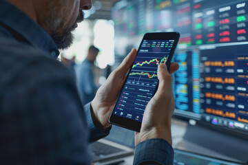 Businessman Holding Smartphone and Checking Stock and Cryptocurrency Market in Office.
