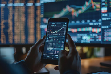 Businessman Holding Smartphone and Checking Stock and Cryptocurrency Market in Office.