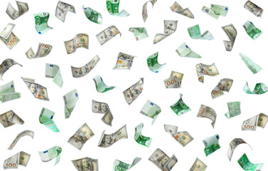 Fototapeta premium Many dollar and euro banknotes falling on white background