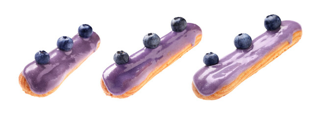 Tasty eclair with purple frosting isolated on white, collage