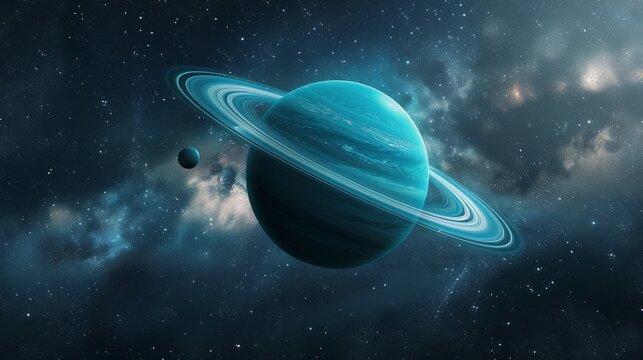 A captivating image of a blue planet encircled by rings, accompanied by a smaller moon, all set within the far-reaching expanse of a galaxy filled with stars.
