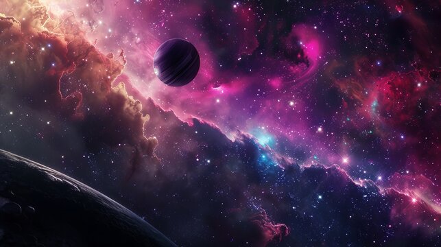 A distant purple planet hovers in front of colorful, vibrant gas clouds and sparkling stars, illustrating the beauty and vastness of space and the universe.