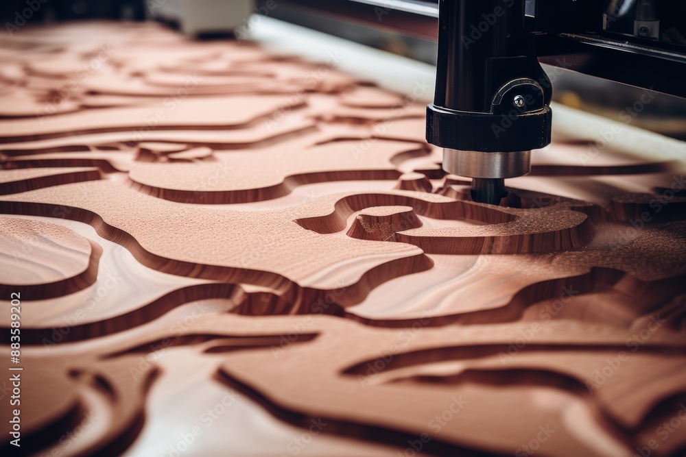 Poster cnc machine crafting intricate design in wood, highlighting distinctive grain patterns and textures