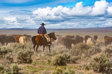 A cowboy on his horse moving cattle to an adjacent desert pasture on a Ranch near Silver Lake.
