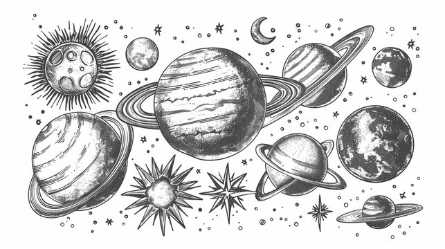 This image features a detailed sketch of various planets surrounded by stars and other celestial bodies, each drawn with imaginative and whimsical artistic interpretations in a black and white style.