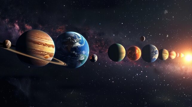 This image captures a realistic depiction of the solar system planets aligned in space, highlighting their unique characteristics and vibrant colors against the backdrop of the universe.