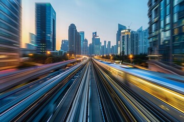 Fototapeta premium Cityscape with Blurred Train Tracks and Cityscape