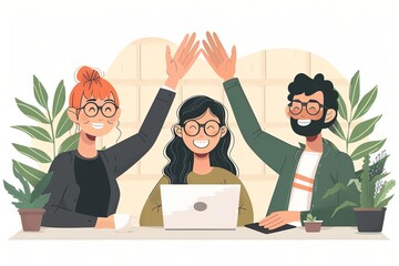 Meeting Success A group of colleagues celebrating a successful meeting with a high five, smiles, and laptops closed