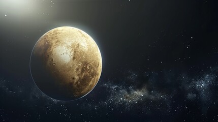 Obraz premium A detailed image of a rocky planet filled with craters located in a distant part of outer space, with a galaxy visible in the background, invoking feelings of exploration.