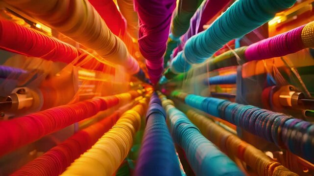 From this closeup view the seemingly endless spools of yarn on the knitting machines creel take on a kaleidoscope of colors a feast for the eyes and imagination.