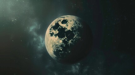 Obraz premium A dark, mysterious planet floats amidst the cosmic void, surrounded by teeming nebulas and distant stars, representing the enigmatic nature of the universe.