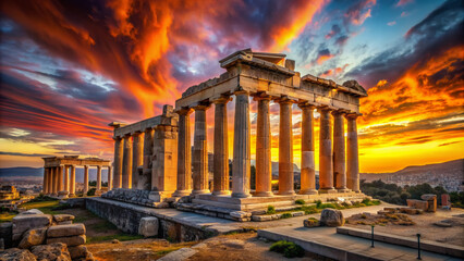 Obraz premium Vibrant hues illuminate an eerie, mystical ancient Greek cityscape at dusk, with crumbling temples, sweeping columns, and majestic statues set against a dramatic, fiery sky.