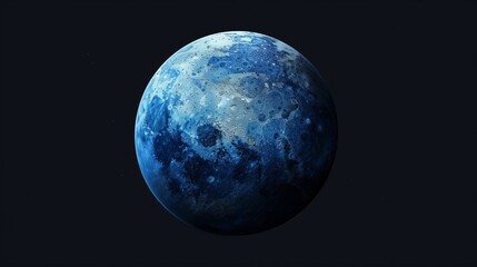 A blue planet covered in craters, standing out against the dark space with light highlighting its surface, indicating the cosmic environment and planetary terrain.