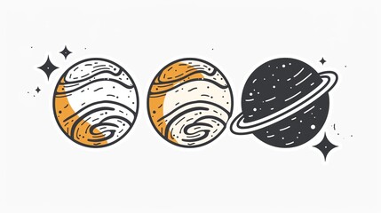 Three stylized planets, each with distinct outlines and patterns, positioned against a white background, showcasing different colors and artistic representations.