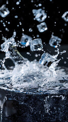 Ice cubes falling on black stand