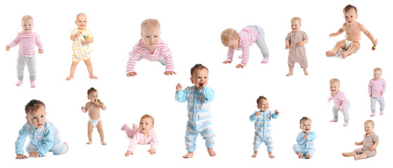 Set of many cute babies on white background