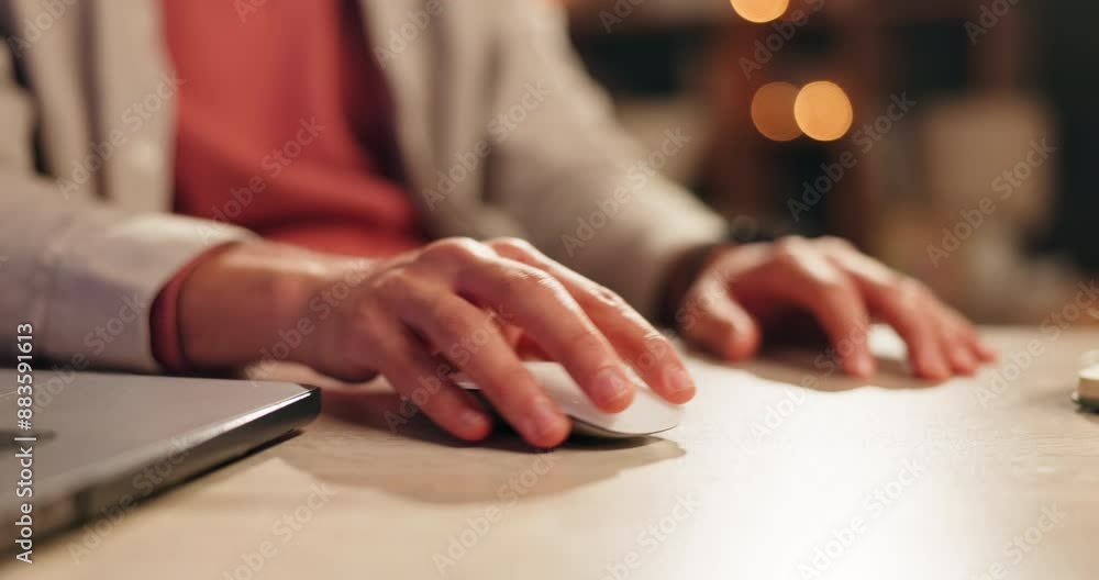 Poster computer, mouse and hand of person at night in office for editing, research or web design at desk. l