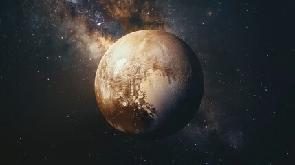 Fototapeta premium A striking image of a golden-hued planet surrounded by a majestic cosmic backdrop, with stars shimmering in the vastness of space, evoking grandeur and wonder.